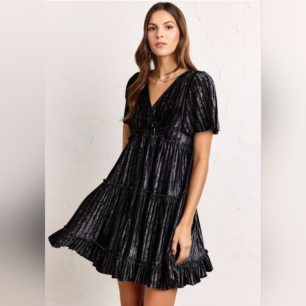 NWT New York And Company Crushed Velvet Tiered Mini Dress | Size M | Black